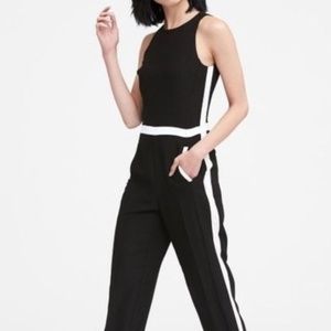 BANANA REPUBLIC Sleeveless Black Wide Leg Jumpsuit with White Tuxedo Stripe